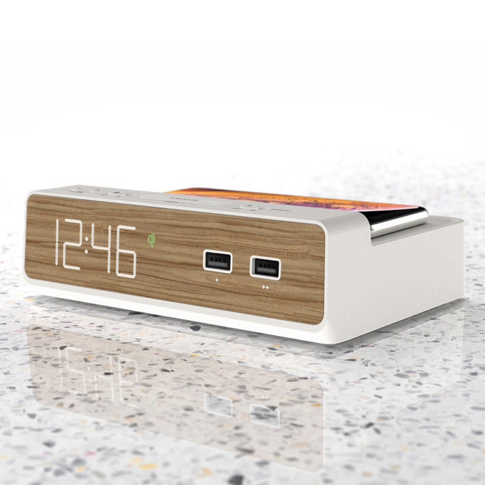 Nonstop Station W WarmWalnut Hotel Alarm Clock with Qi Wireless Charging and Dual USB Outlets NSW-WW | PDI Hospitality