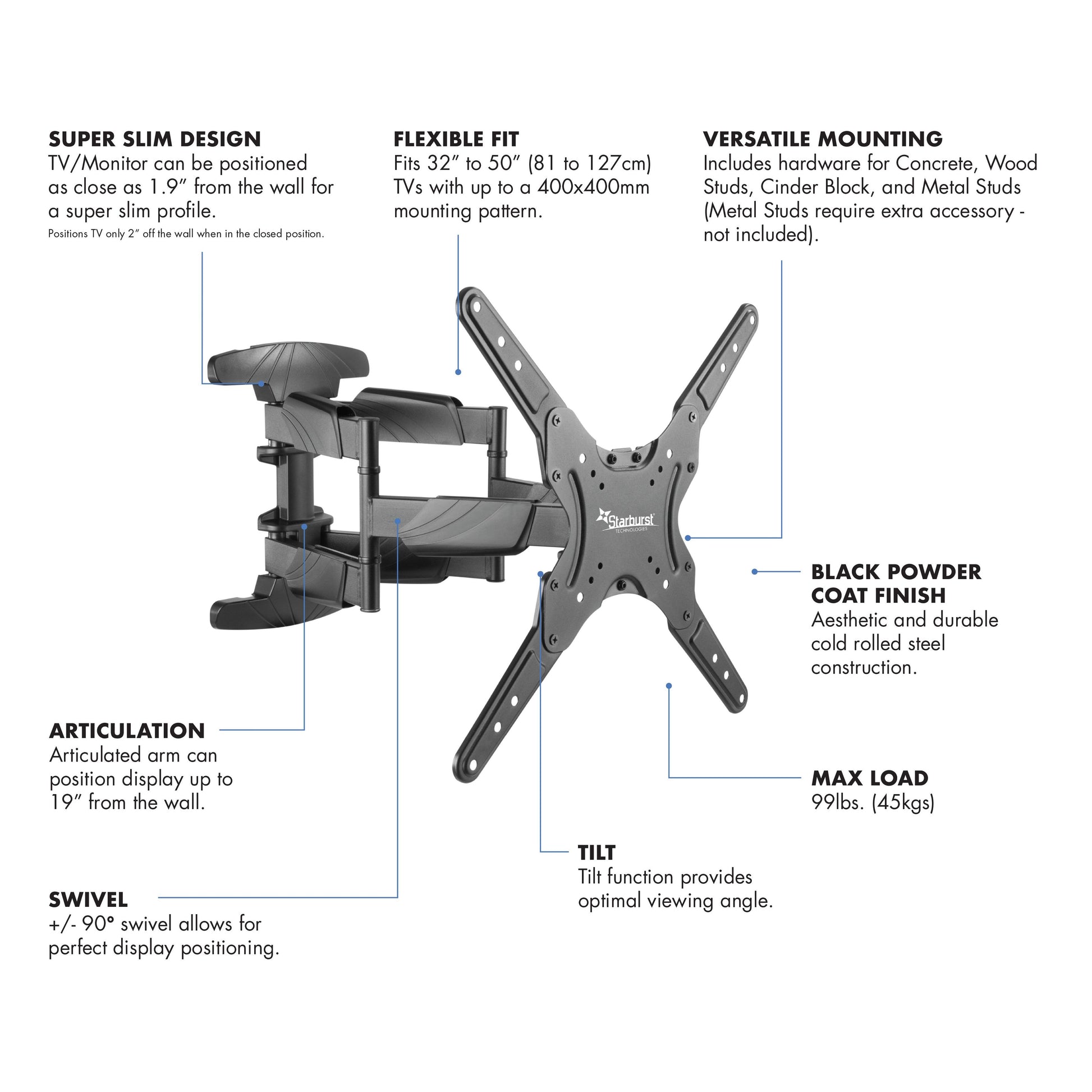 Starburst SB-3265ART-D Full Motion Dual Arm | TV Wall Mount | PDI Hospitality