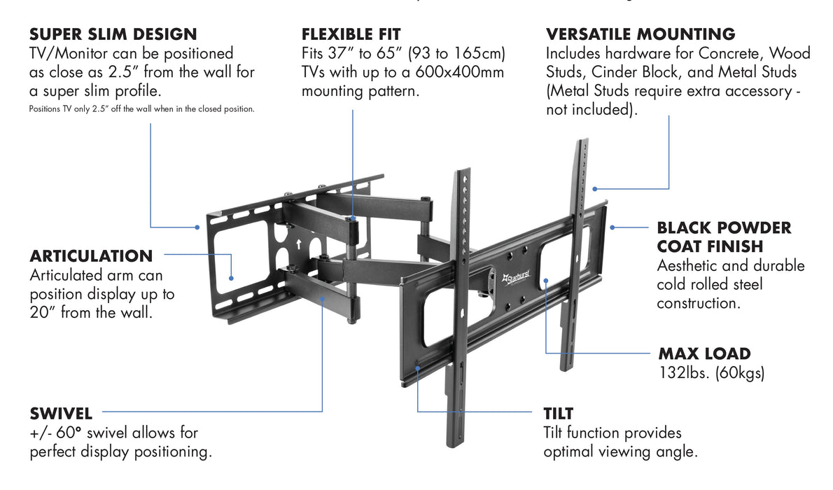 Starburst SB-3765ART-D Full Motion Dual Arm TV Wall Mount For  37" 40" 43" 49" 50" 55" 65" Flat Panel TV Displays